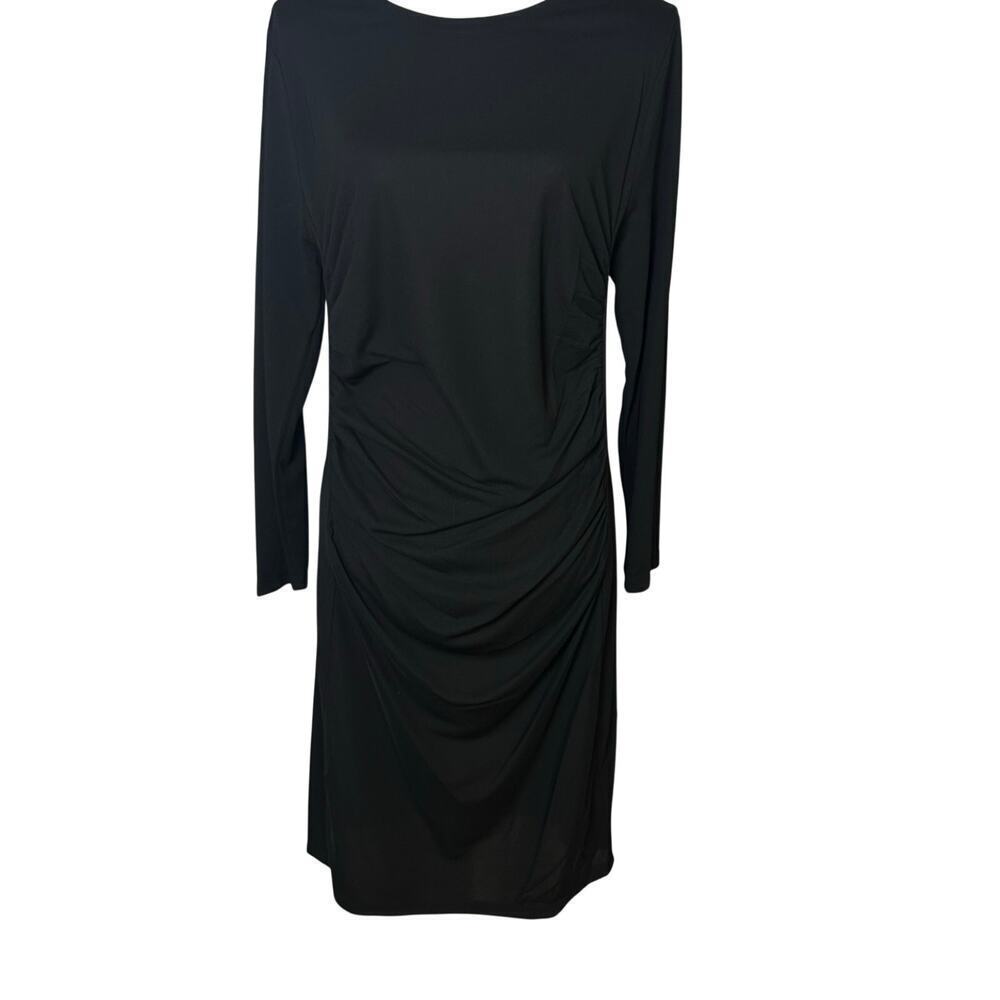 Donna Karan New York NWT crepe black ruched long sleeve crew neck dress size L